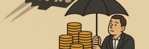 ステルス戦闘機のように忍び寄る「増税」という文字から、傘をさして自分の資産（コインの山）を守っている人物のイラスト。