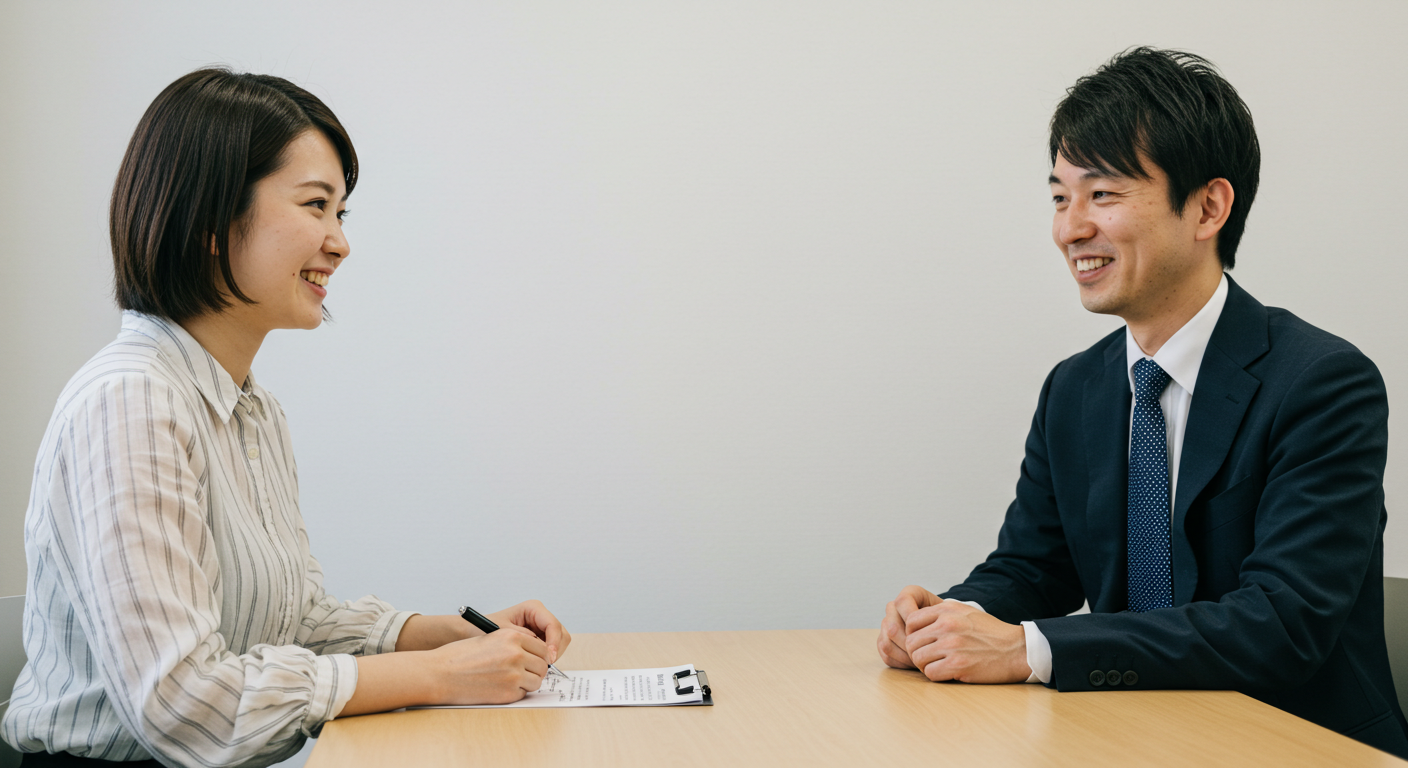 企業の会議室で採用担当者と求職者が笑顔で面談しているイメージ